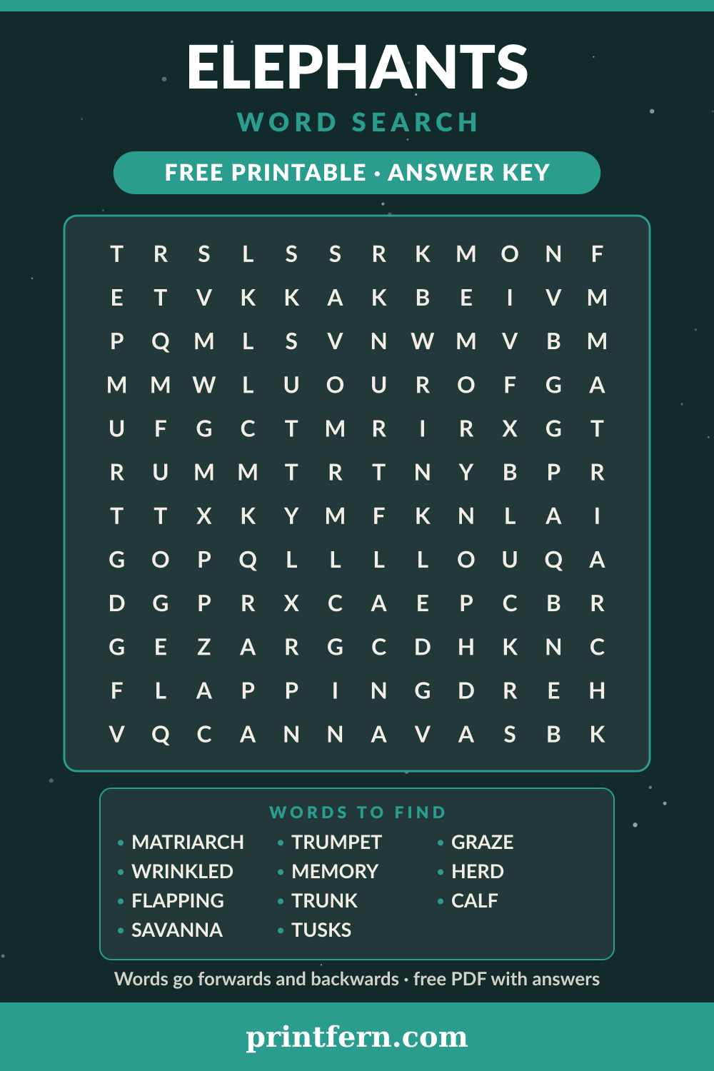 Elephants Word Search, free printable PDF preview
