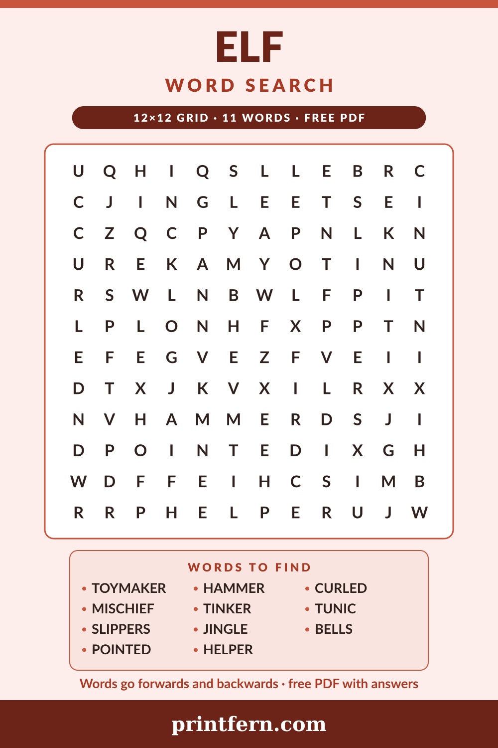 Elf Word Search, free printable PDF preview