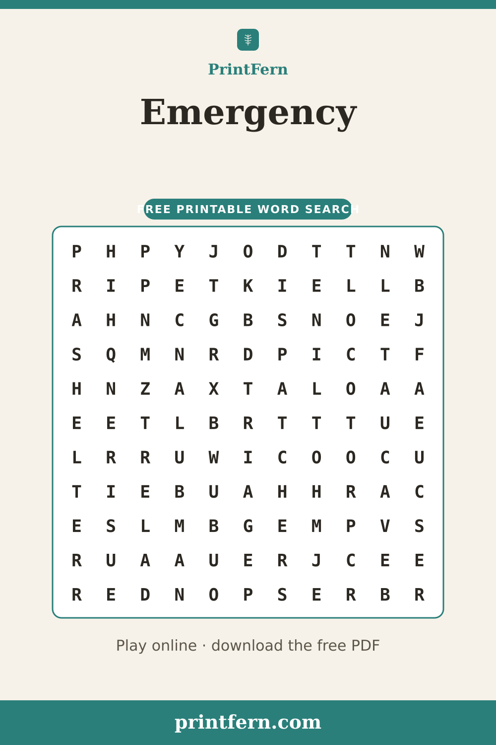 Emergency Word Search, free printable PDF preview