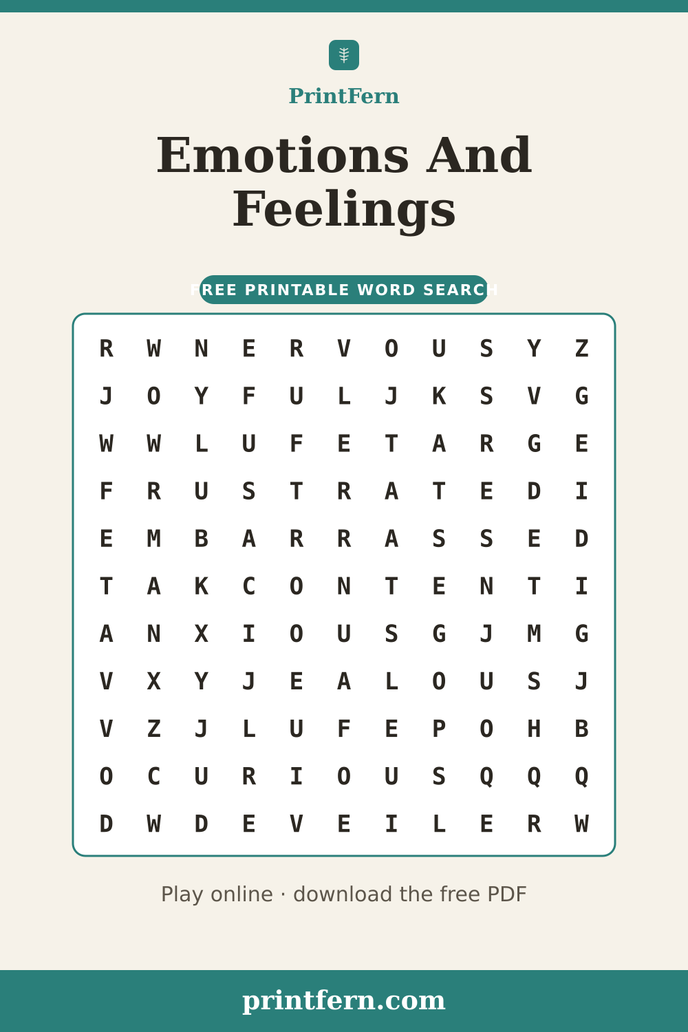 Emotions And Feelings Word Search, free printable PDF preview