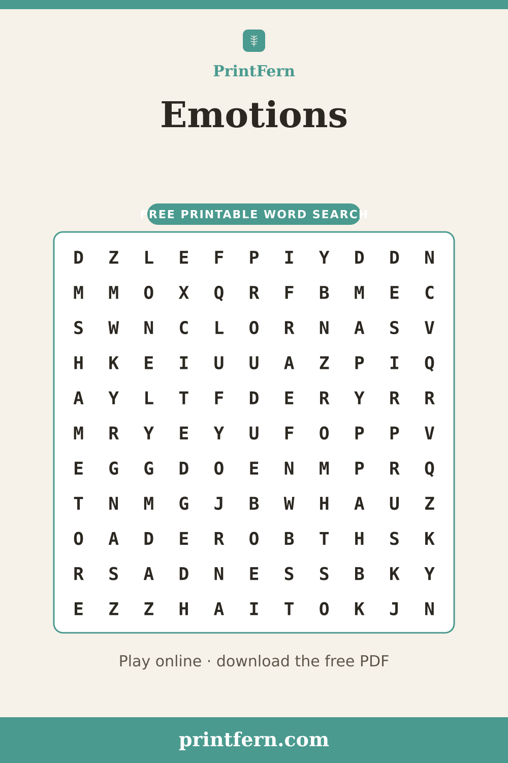 Emotions Word Search, free printable PDF preview