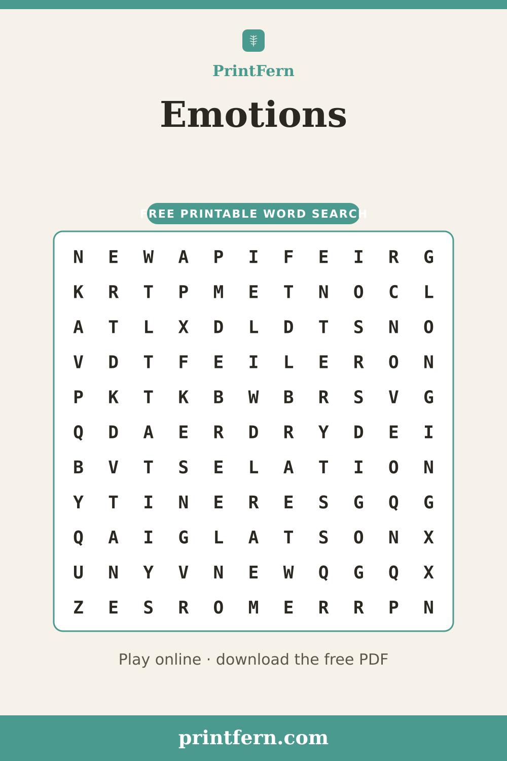 Emotions Word Search, free printable PDF preview