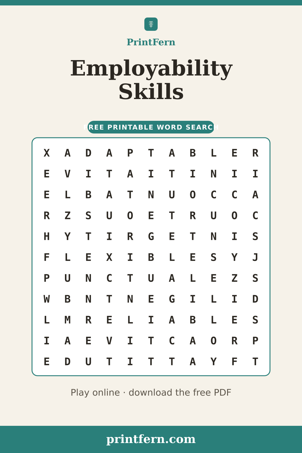 Employability Skills Word Search, free printable PDF preview