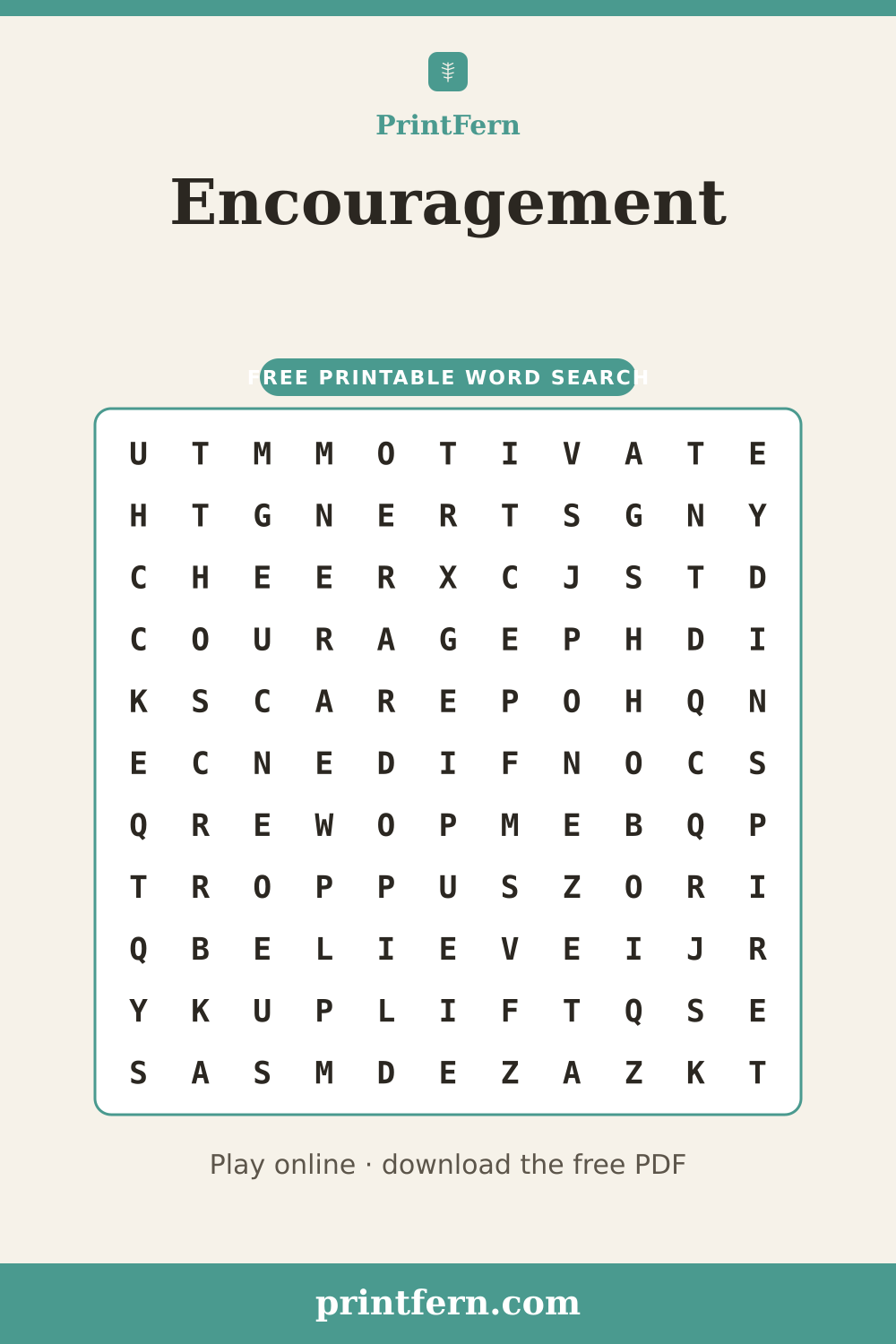 Encouragement Word Search, free printable PDF preview