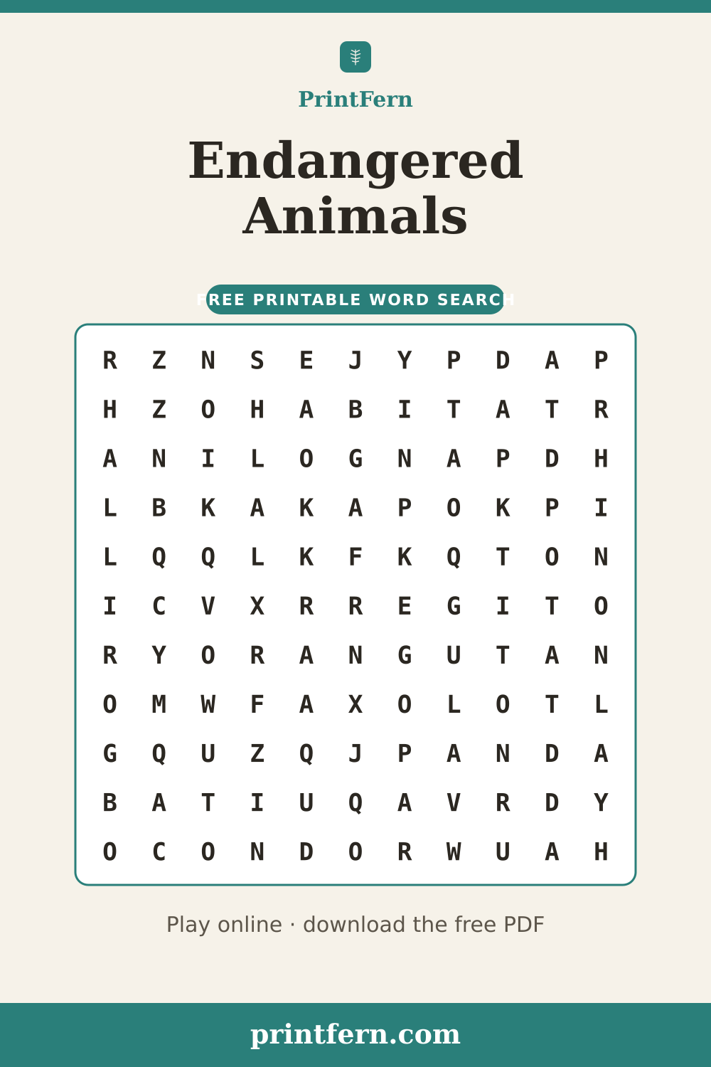 Endangered Animals Word Search, free printable PDF preview