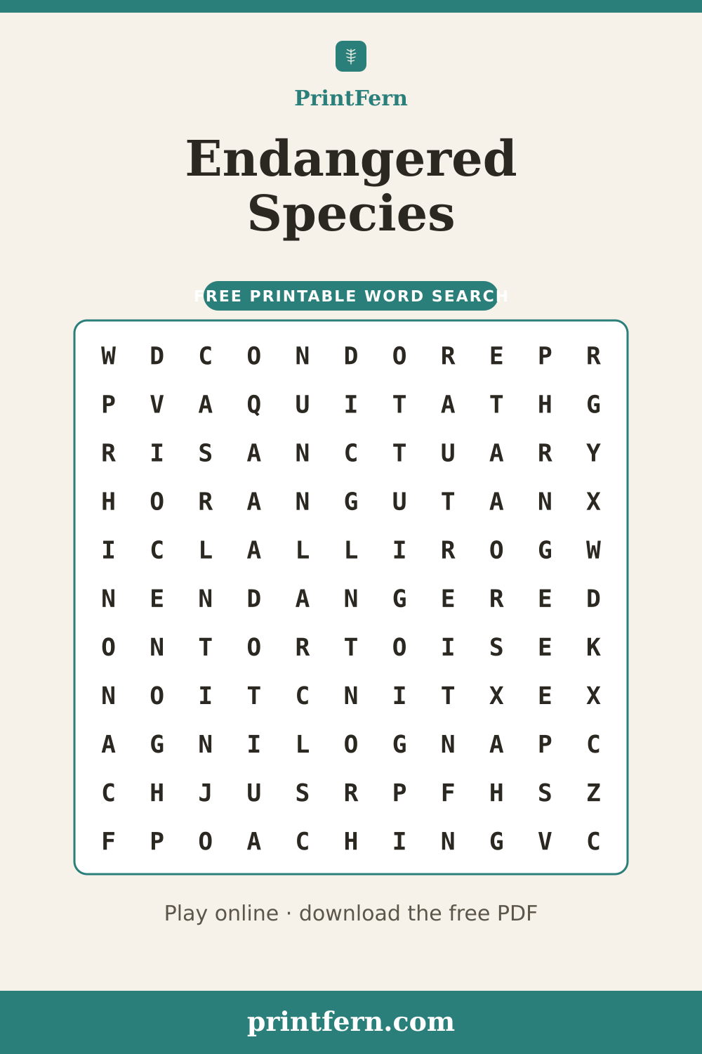 Endangered Species Word Search, free printable PDF preview