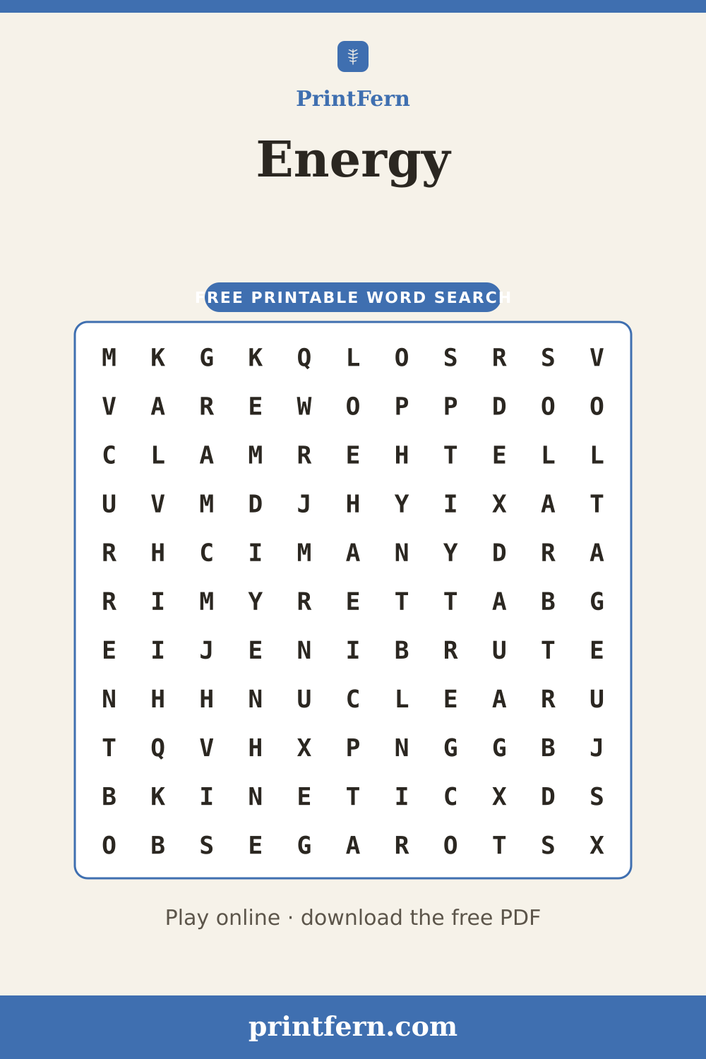 Energy Word Search, free printable PDF preview