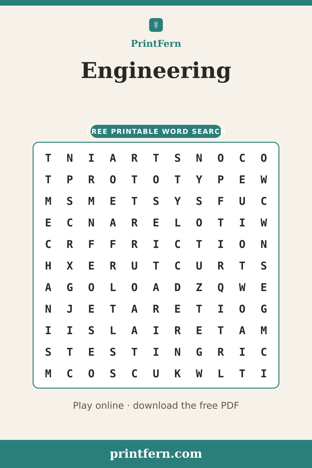 Engineering Word Search, free printable PDF preview