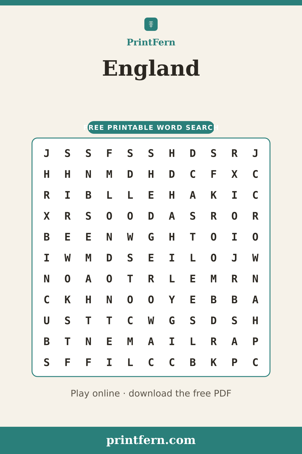 England Word Search, free printable PDF preview