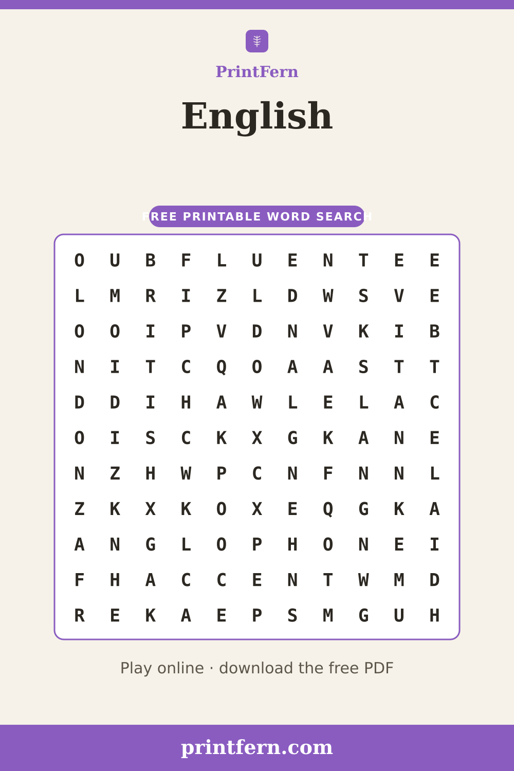 English Word Search, free printable PDF preview