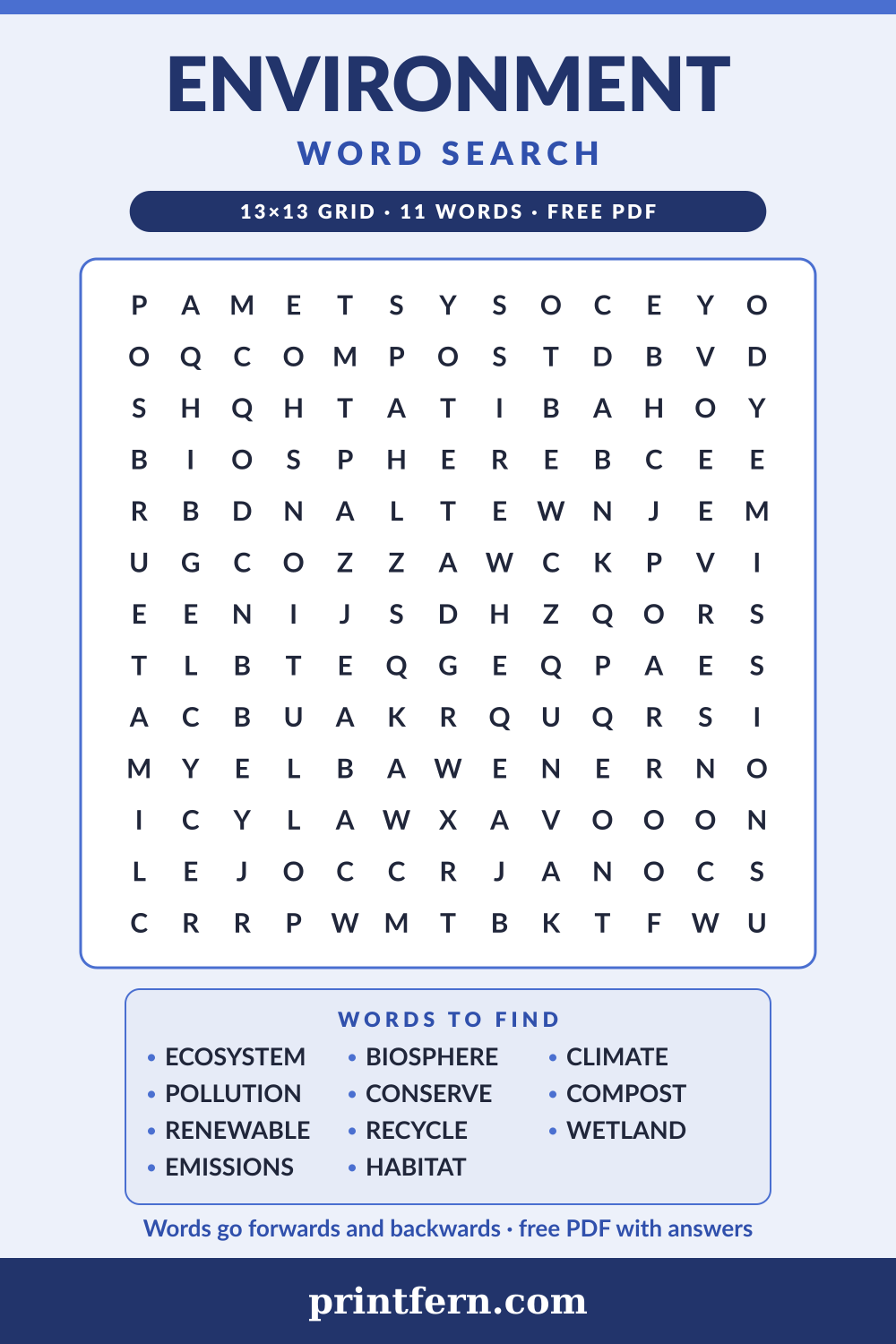 Environment Word Search, free printable PDF preview