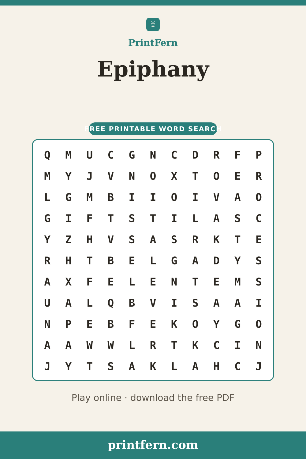 Epiphany Word Search, free printable PDF preview