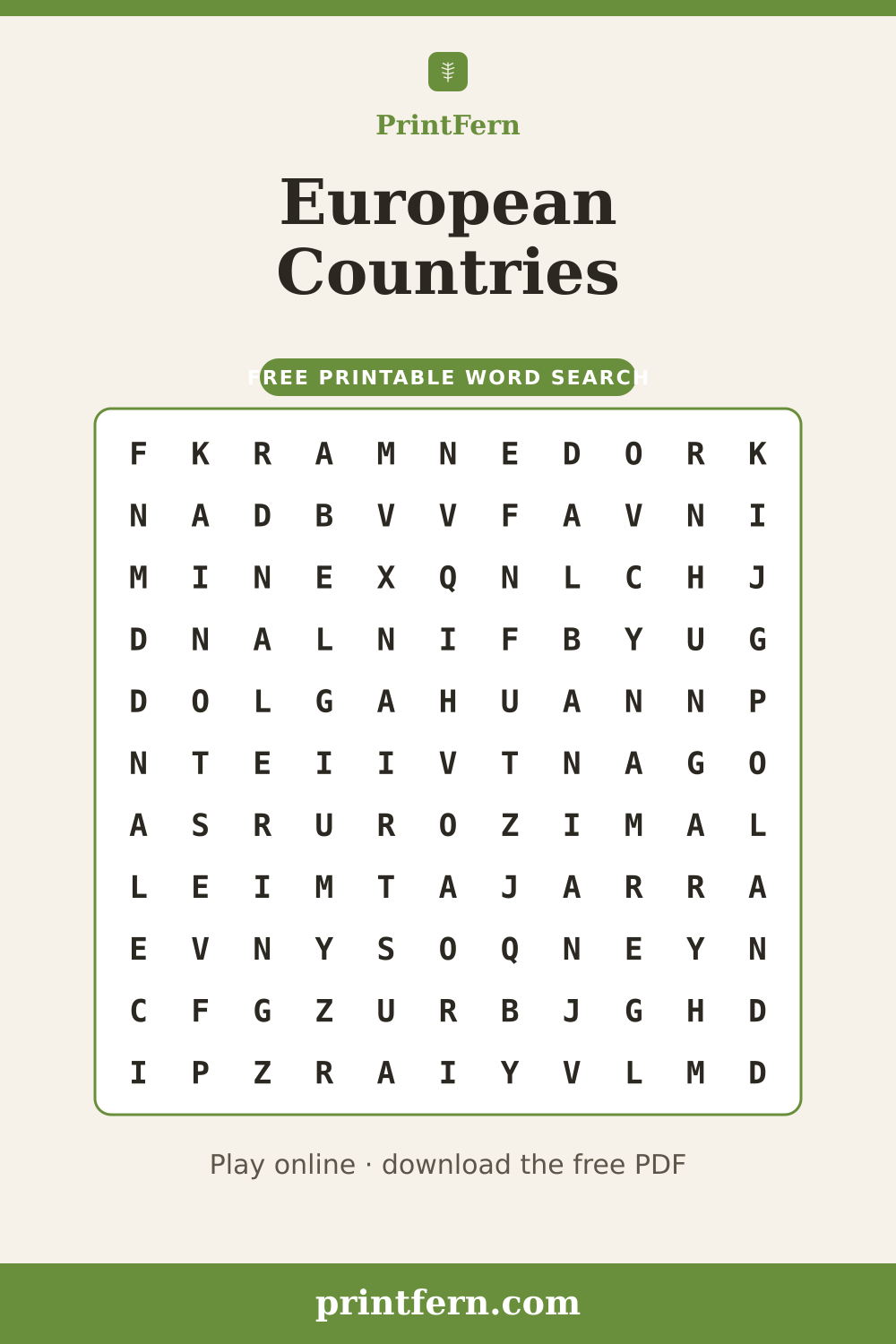 European Countries Word Search, free printable PDF preview