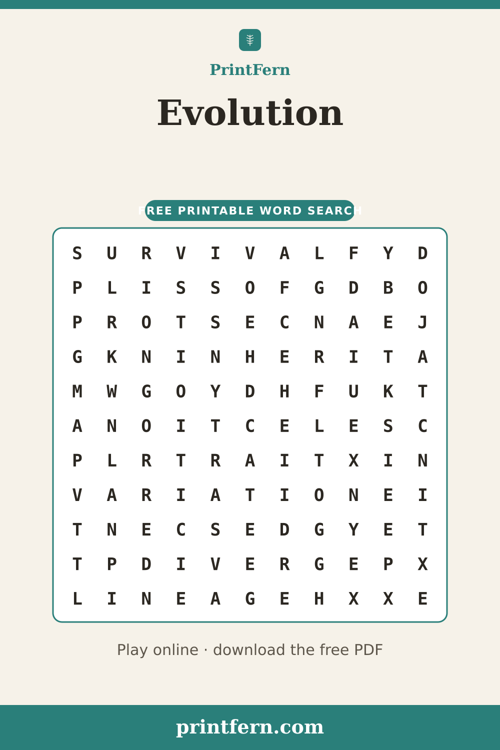 Evolution Word Search, free printable PDF preview