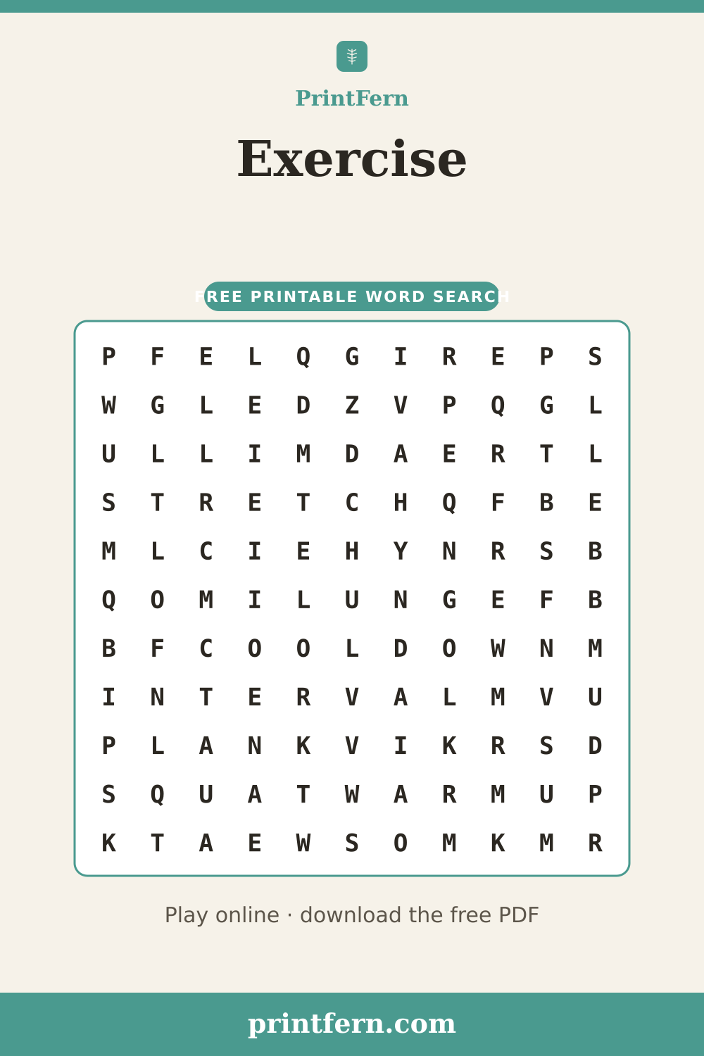 Exercise Word Search, free printable PDF preview