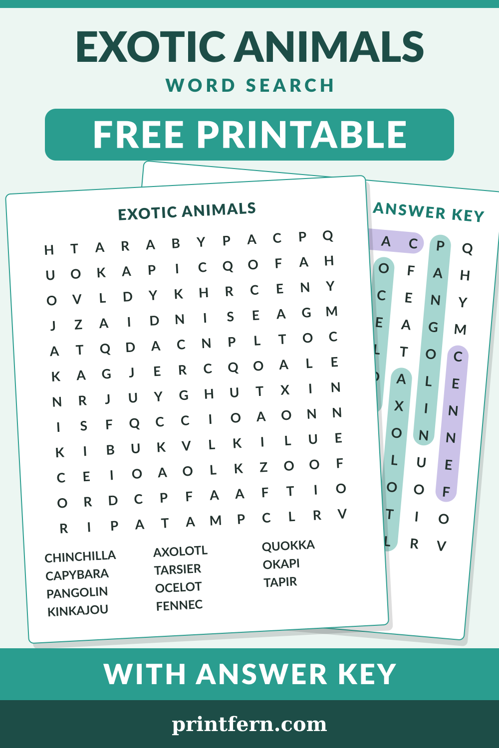 Exotic Animals Word Search, free printable PDF preview