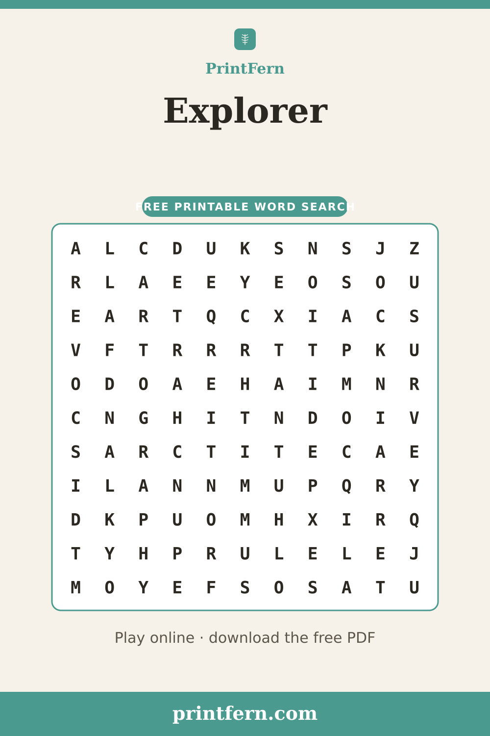 Explorer Word Search, free printable PDF preview
