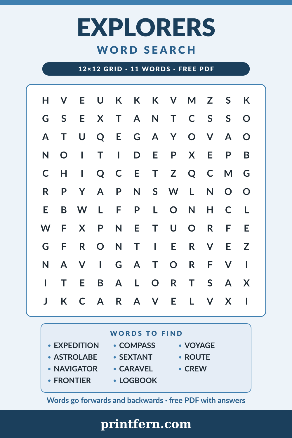Explorers Word Search, free printable PDF preview