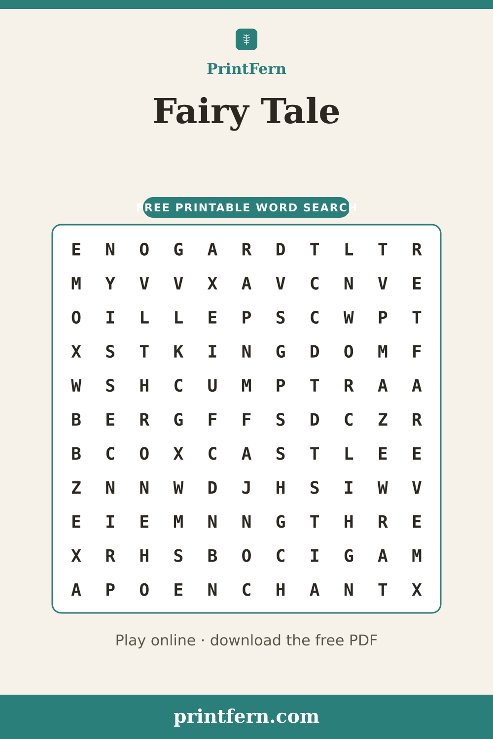 Fairy Tale Word Search, free printable PDF preview