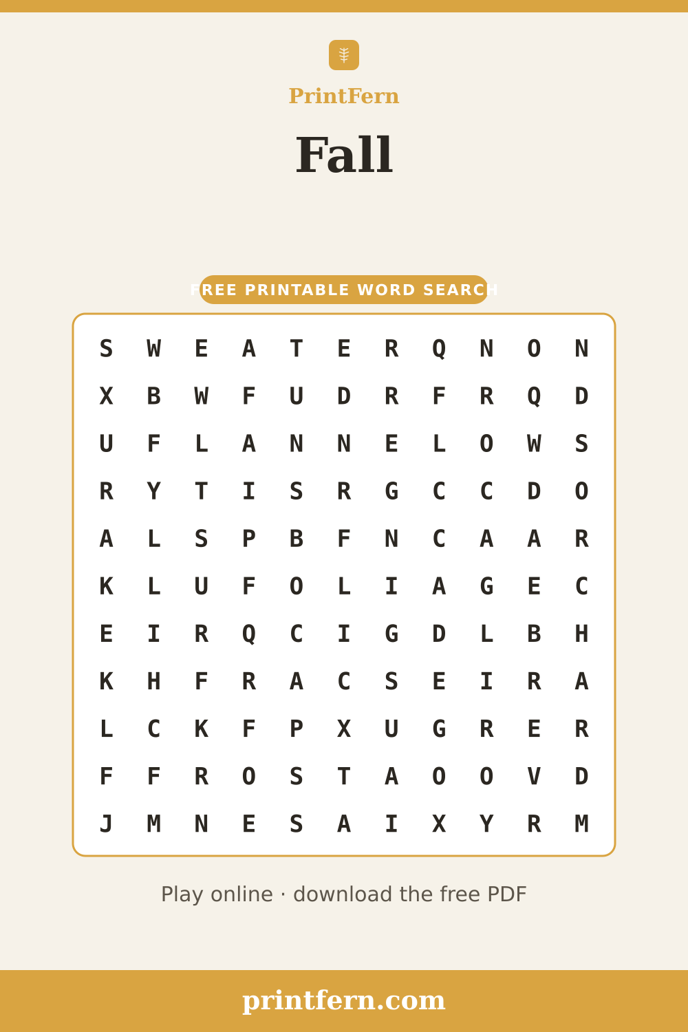 Fall Word Search, free printable PDF preview