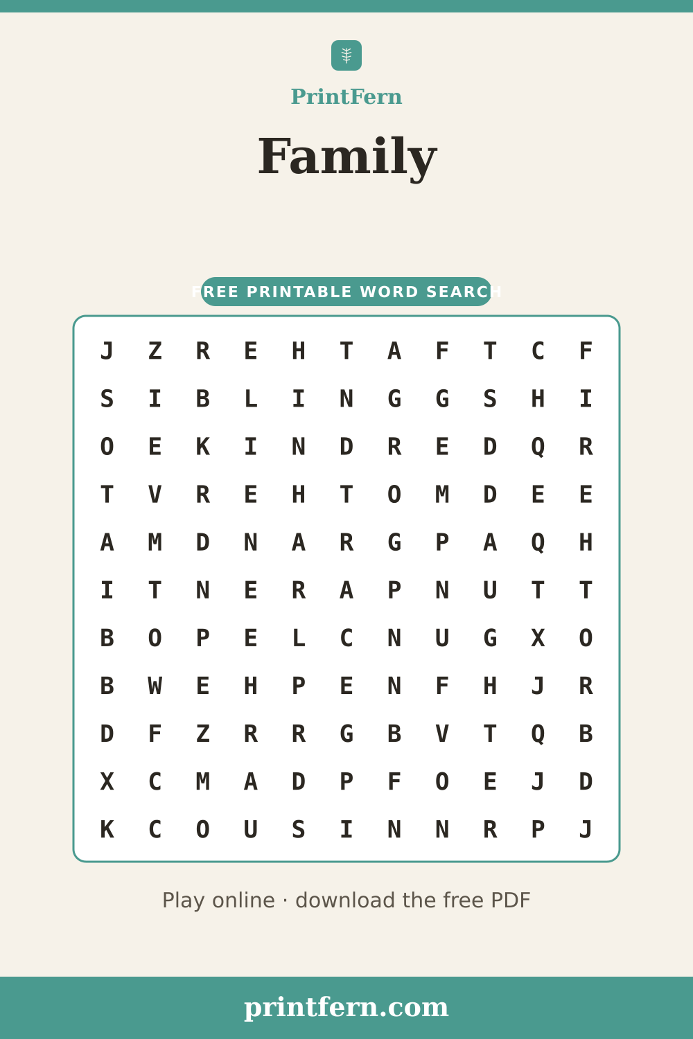 Family Word Search, free printable PDF preview