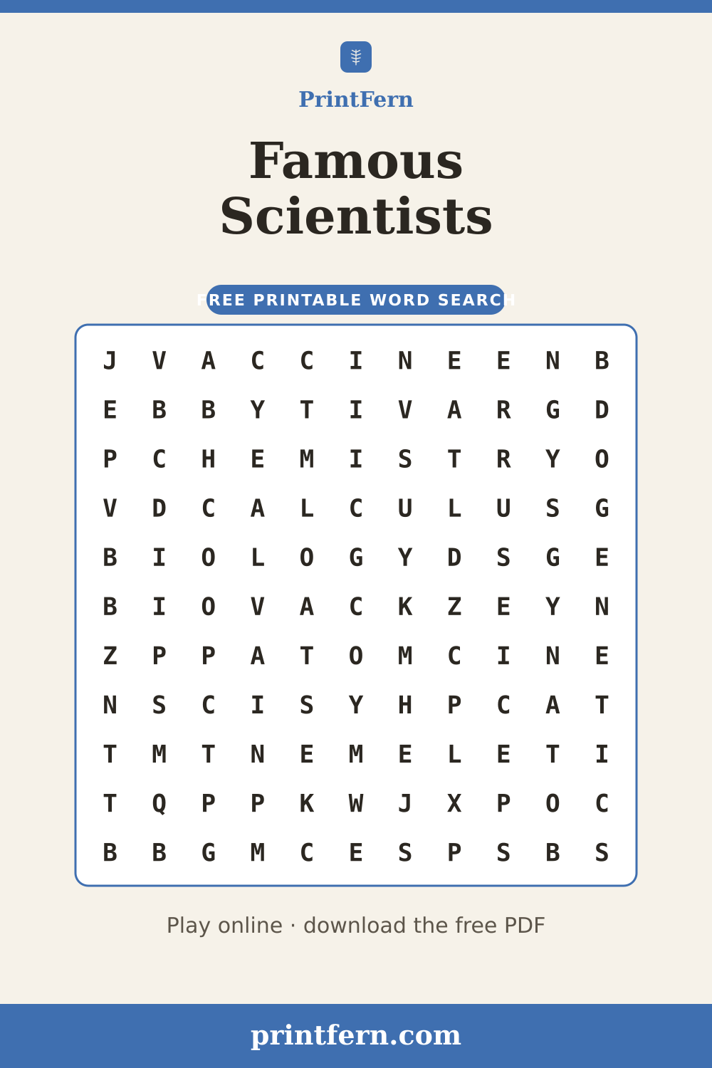 Famous Scientists Word Search, free printable PDF preview