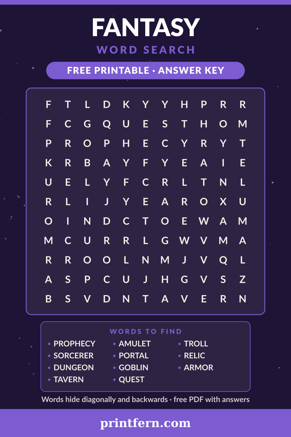 Fantasy Word Search, free printable PDF preview