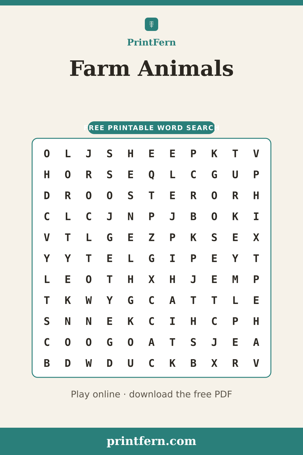 Farm Animals Word Search, free printable PDF preview