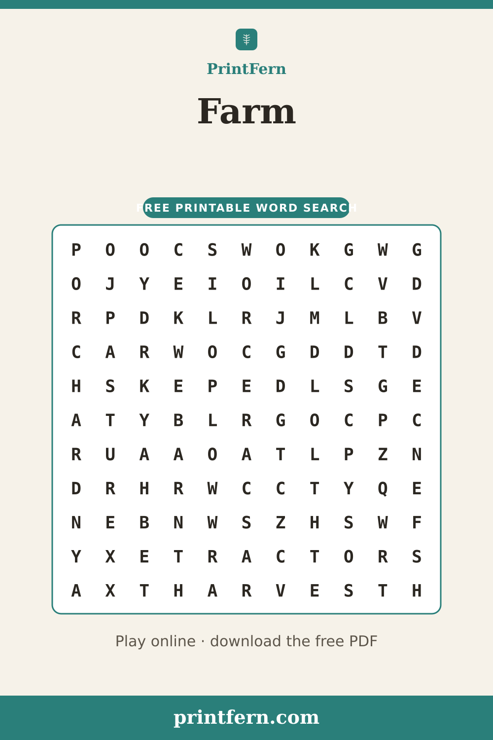 Farm Word Search, free printable PDF preview