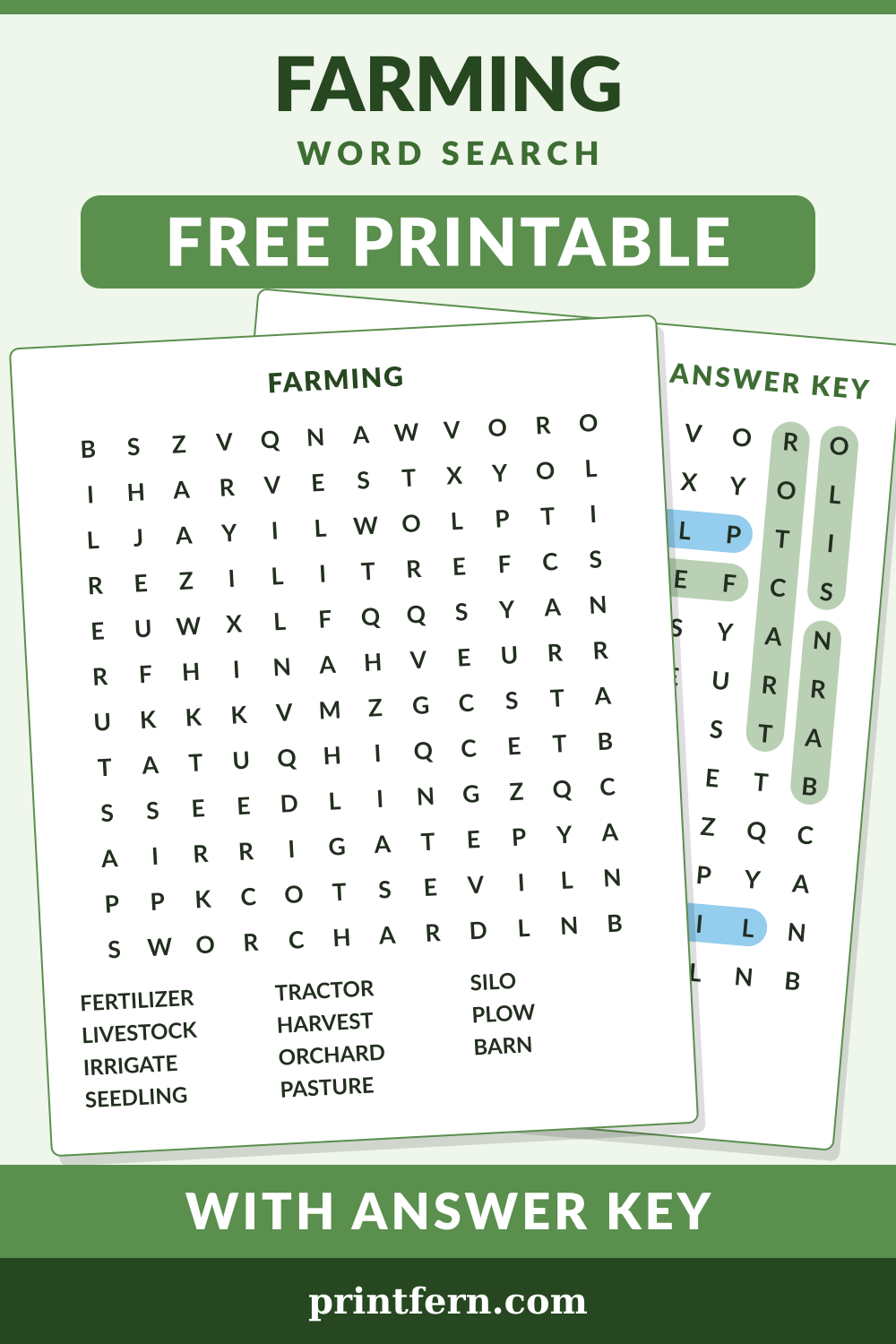 Farming Word Search, free printable PDF preview