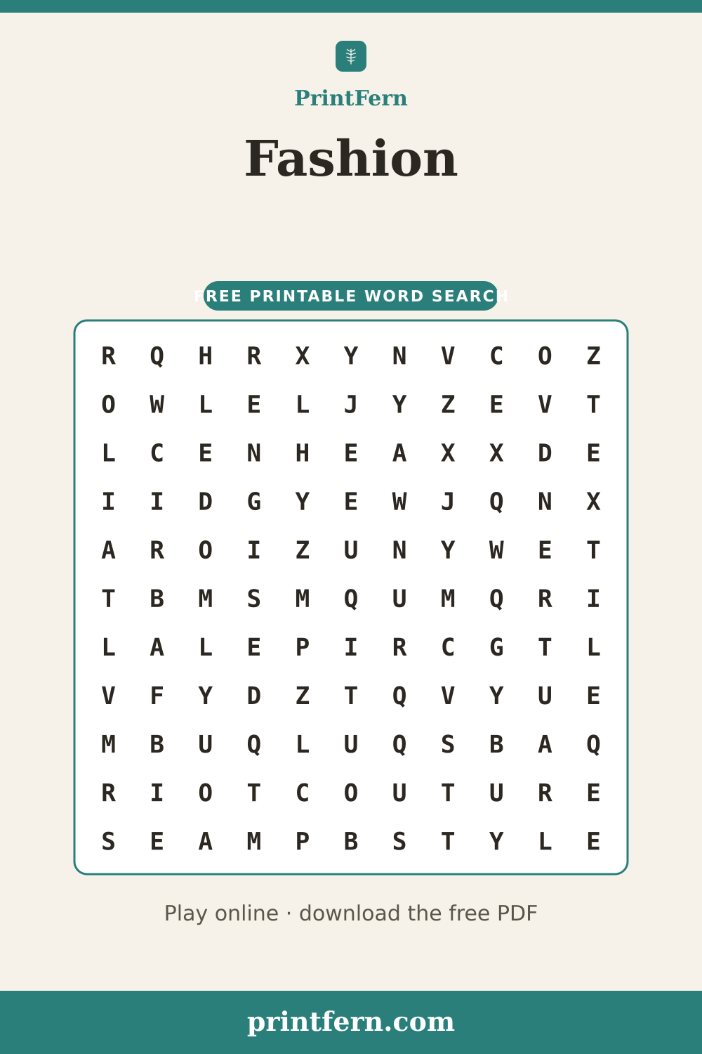 Fashion Word Search, free printable PDF preview