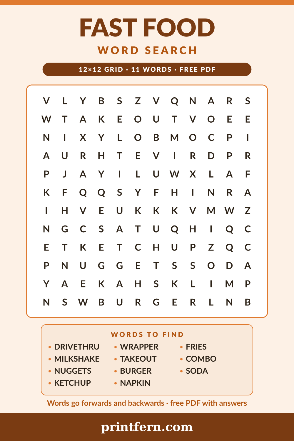 Fast Food Word Search, free printable PDF preview