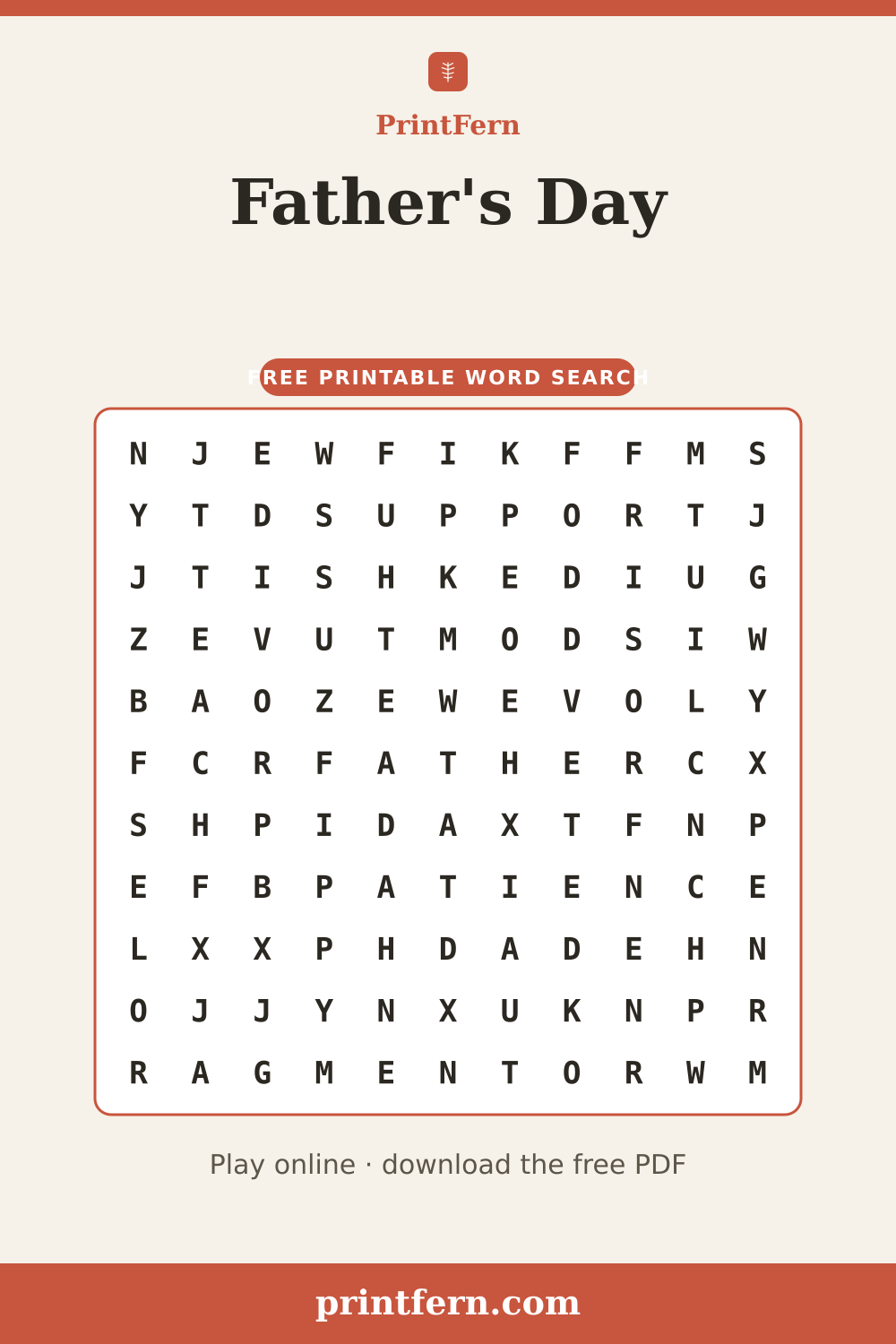 Father's Day Word Search, free printable PDF preview