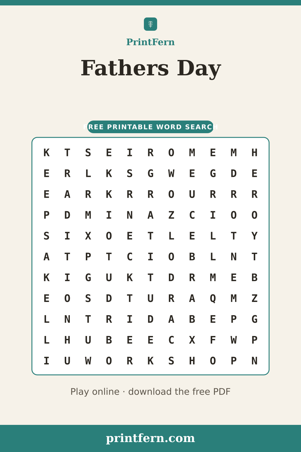 Fathers Day Word Search, free printable PDF preview