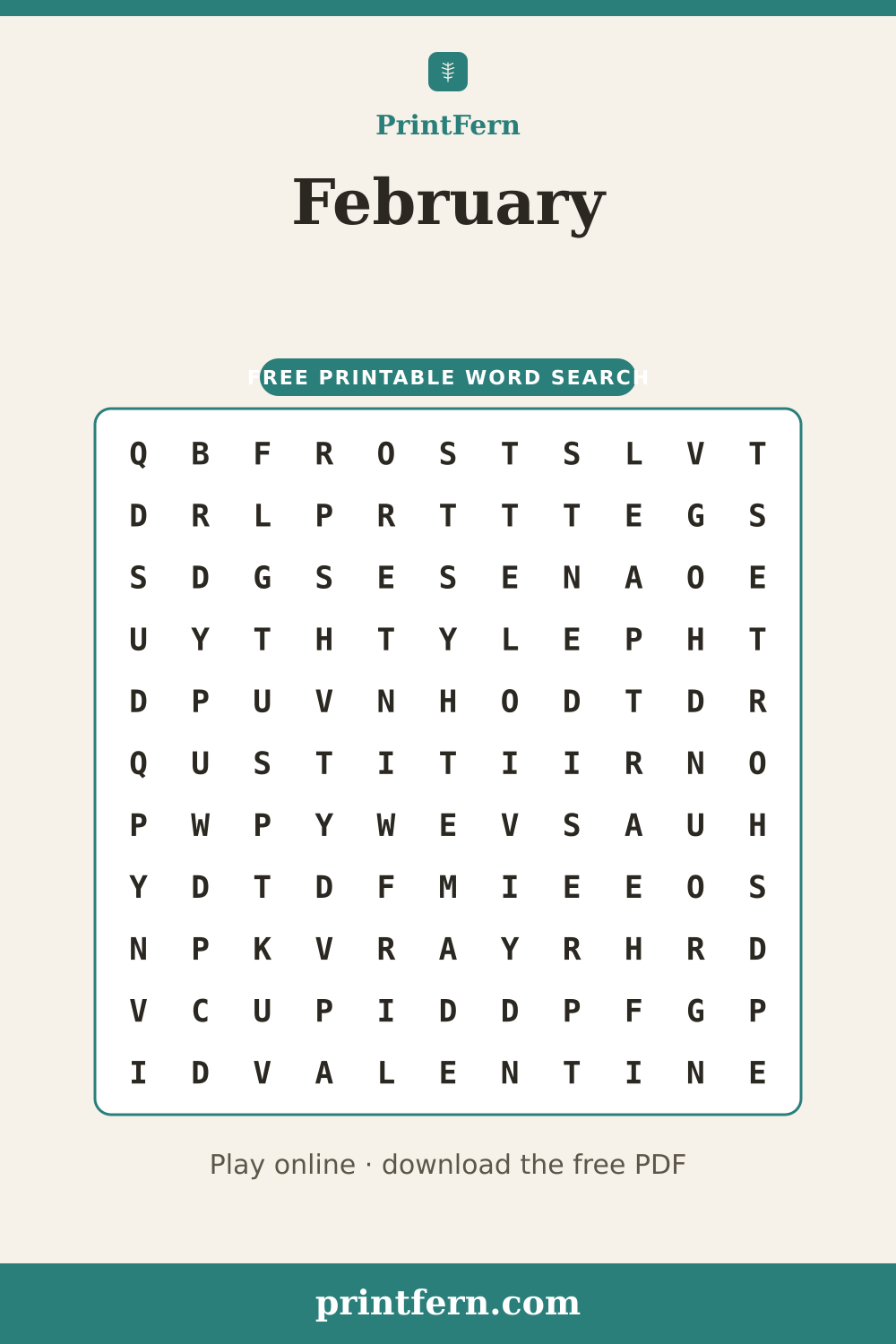 February Word Search, free printable PDF preview