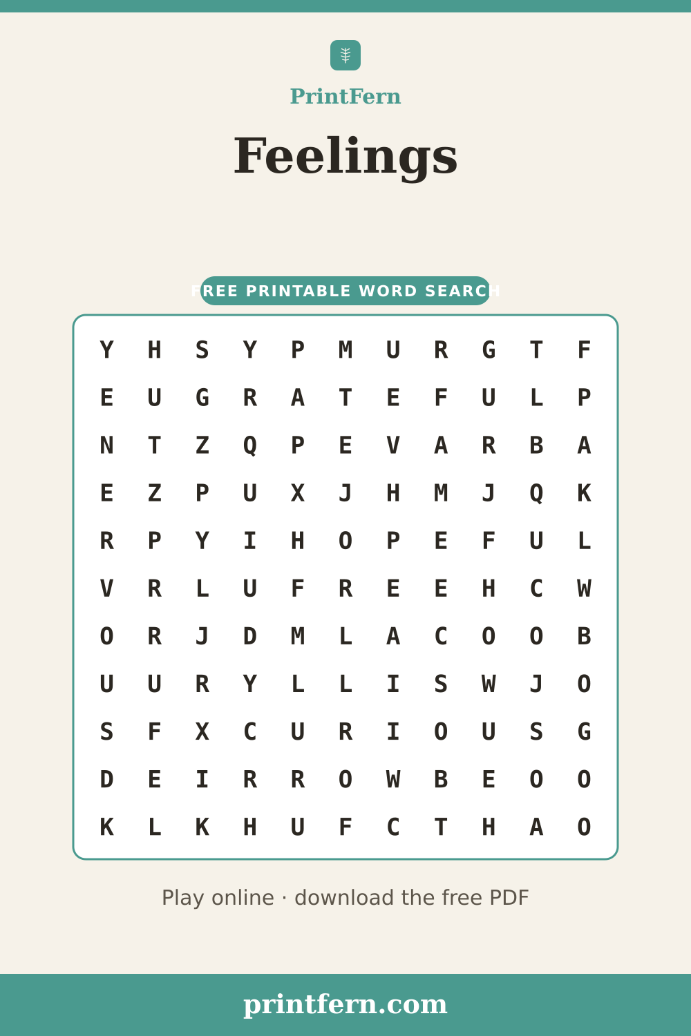Feelings Word Search, free printable PDF preview