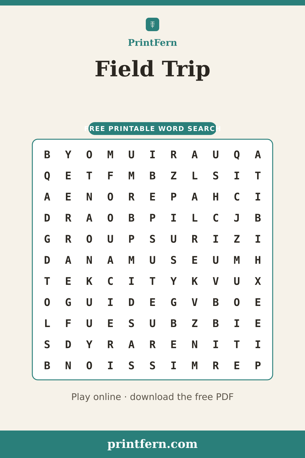 Field Trip Word Search, free printable PDF preview