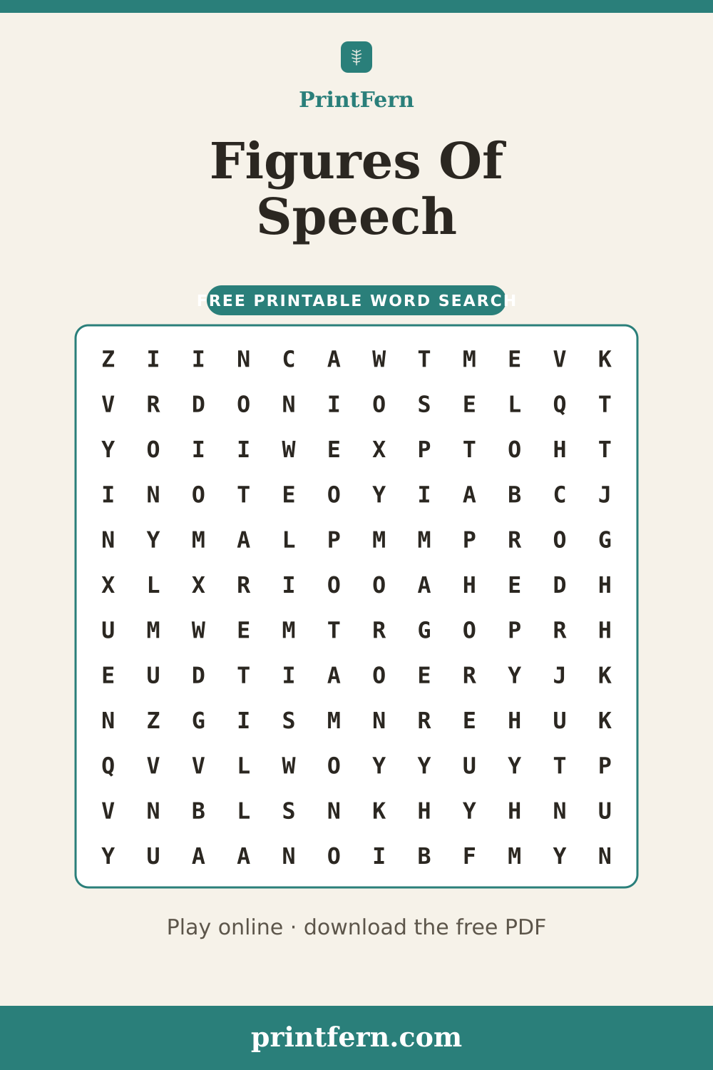 Figures Of Speech Word Search, free printable PDF preview