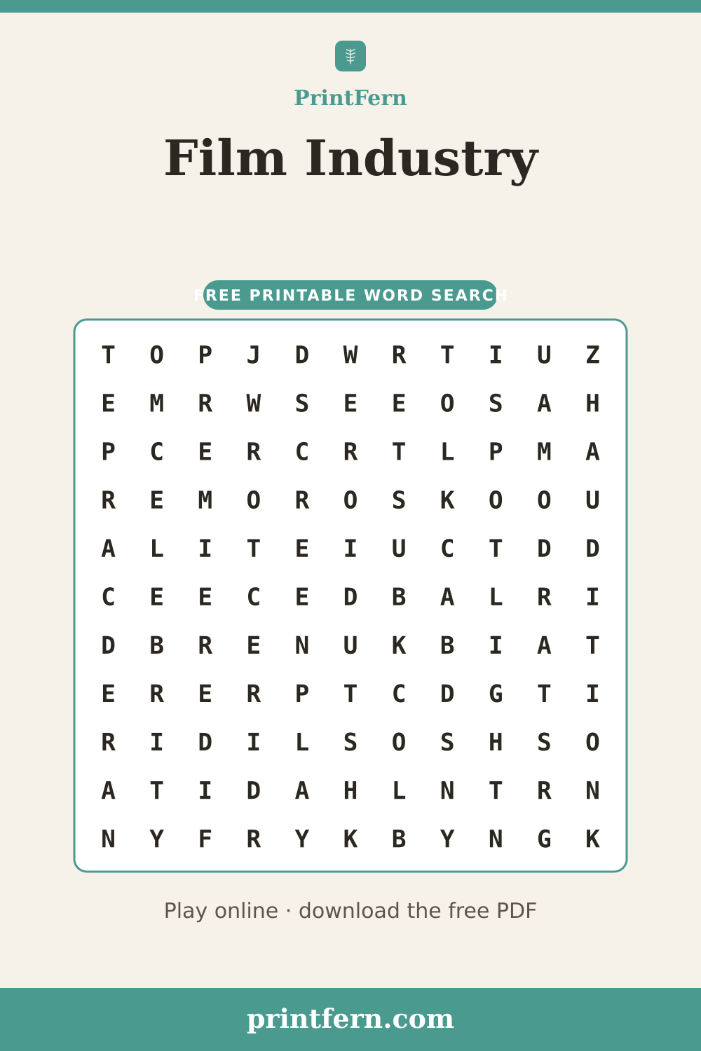 Film Industry Word Search, free printable PDF preview