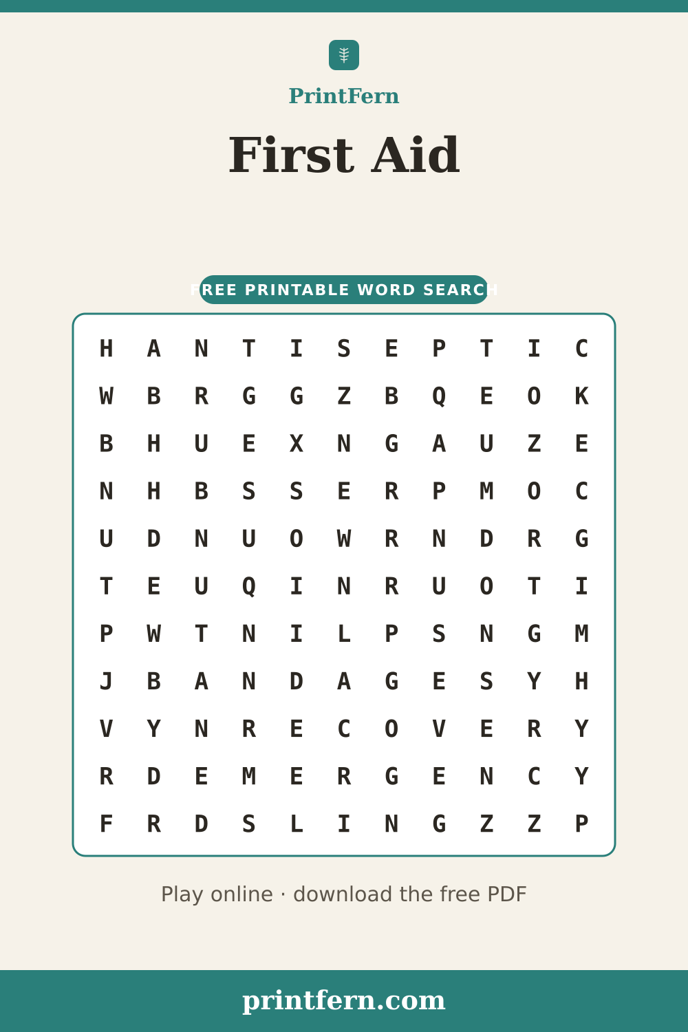 First Aid Word Search, free printable PDF preview