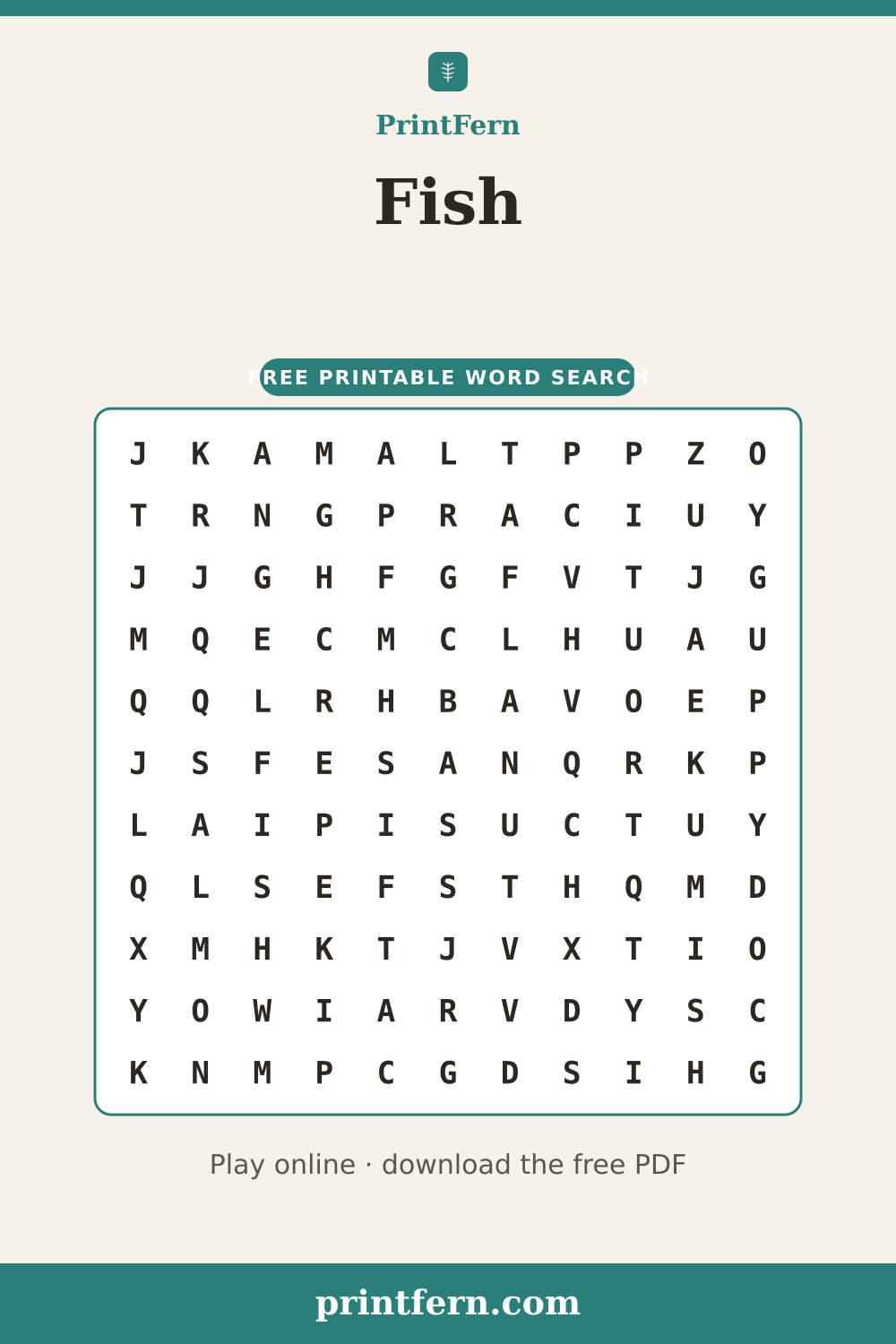 Fish Word Search, free printable PDF preview