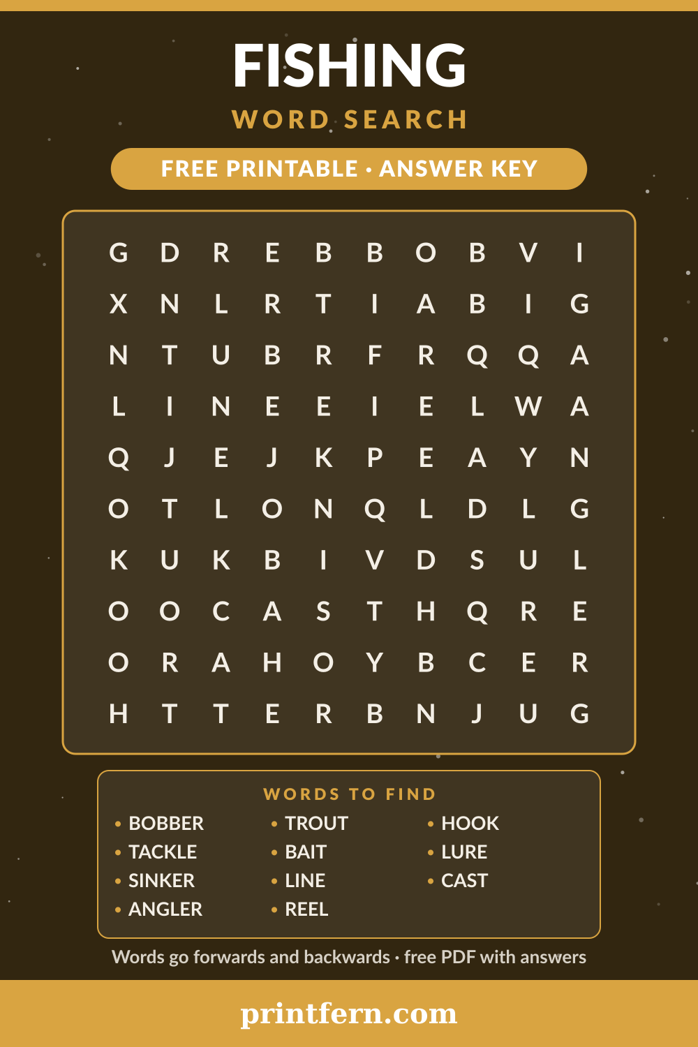 Fishing Word Search, free printable PDF preview