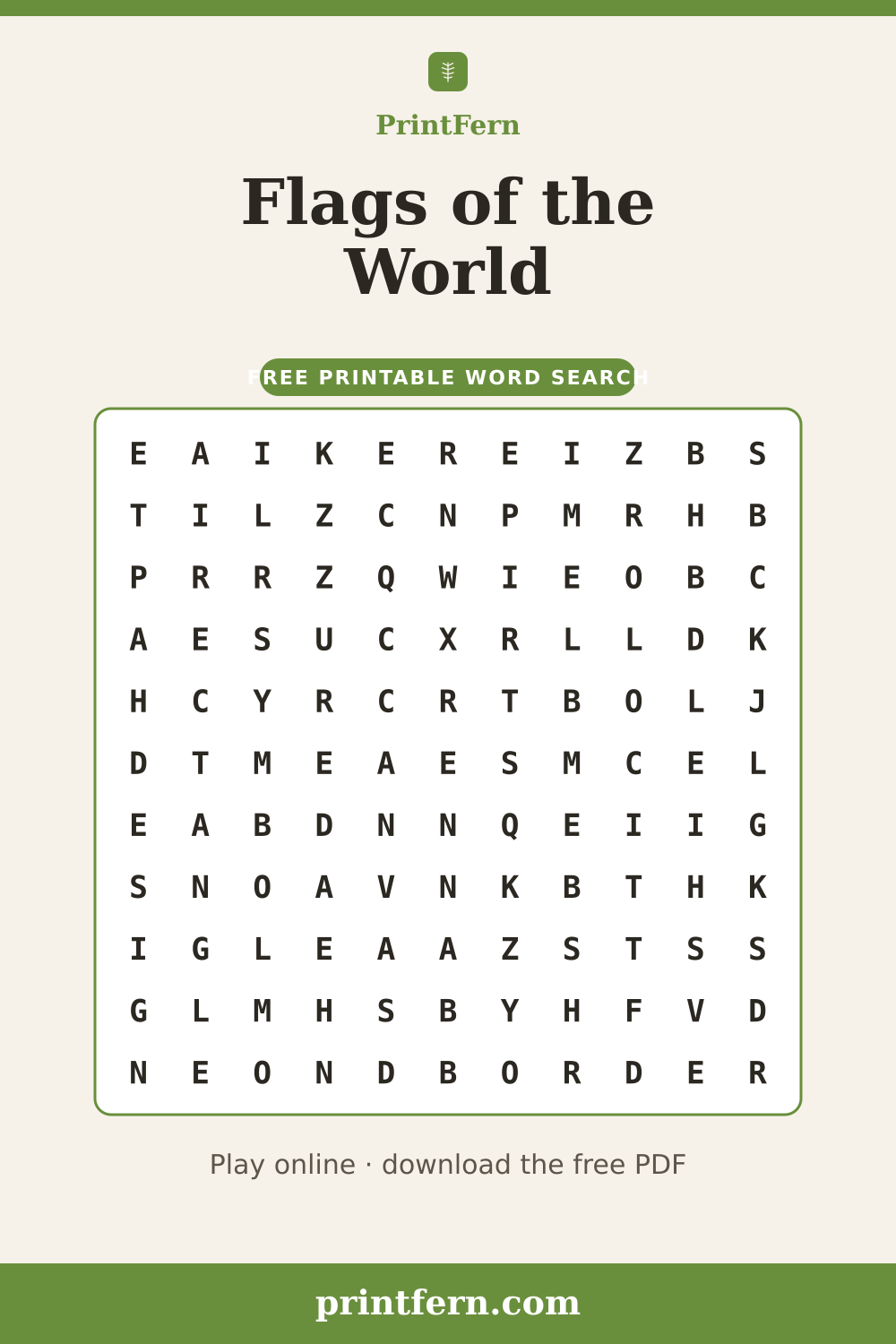 Flags of the World Word Search, free printable PDF preview