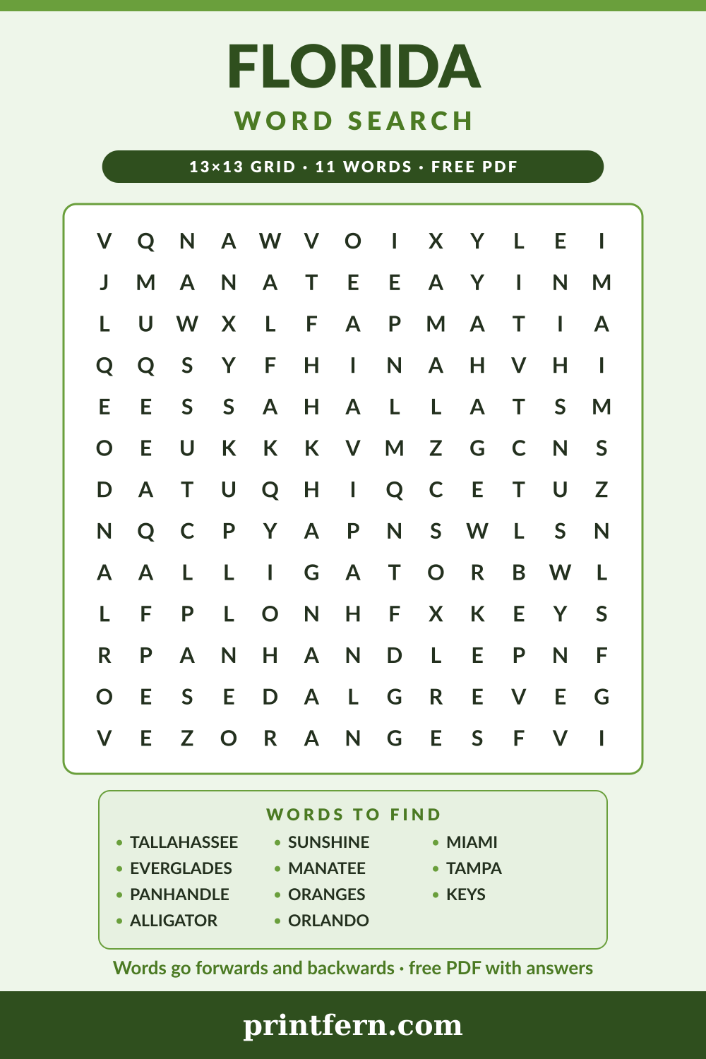 Florida Word Search, free printable PDF preview