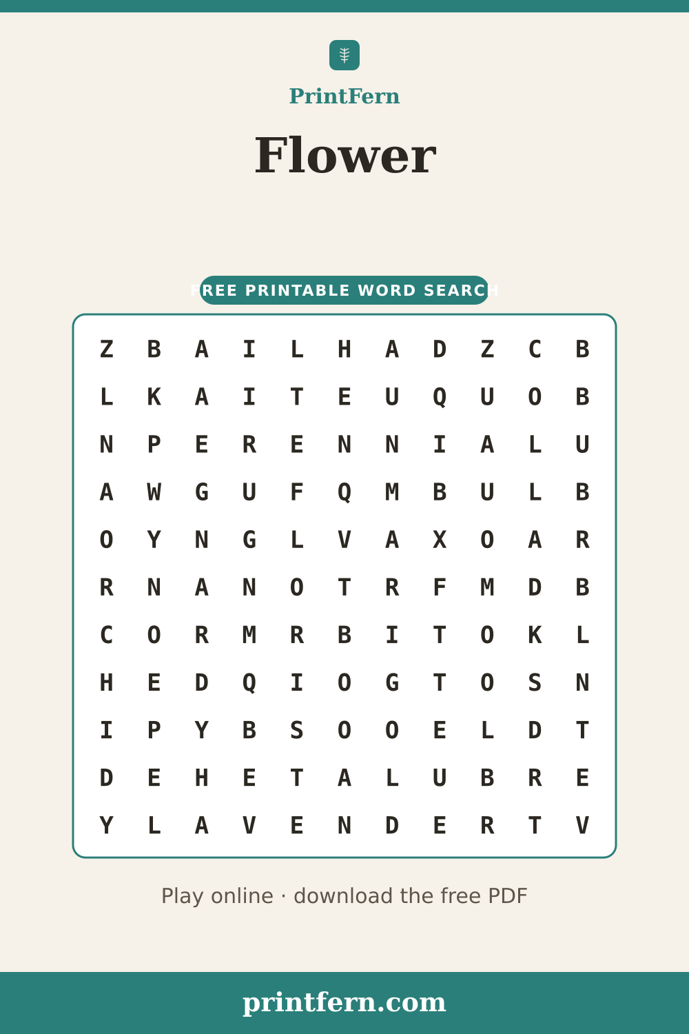 Flower Word Search, free printable PDF preview