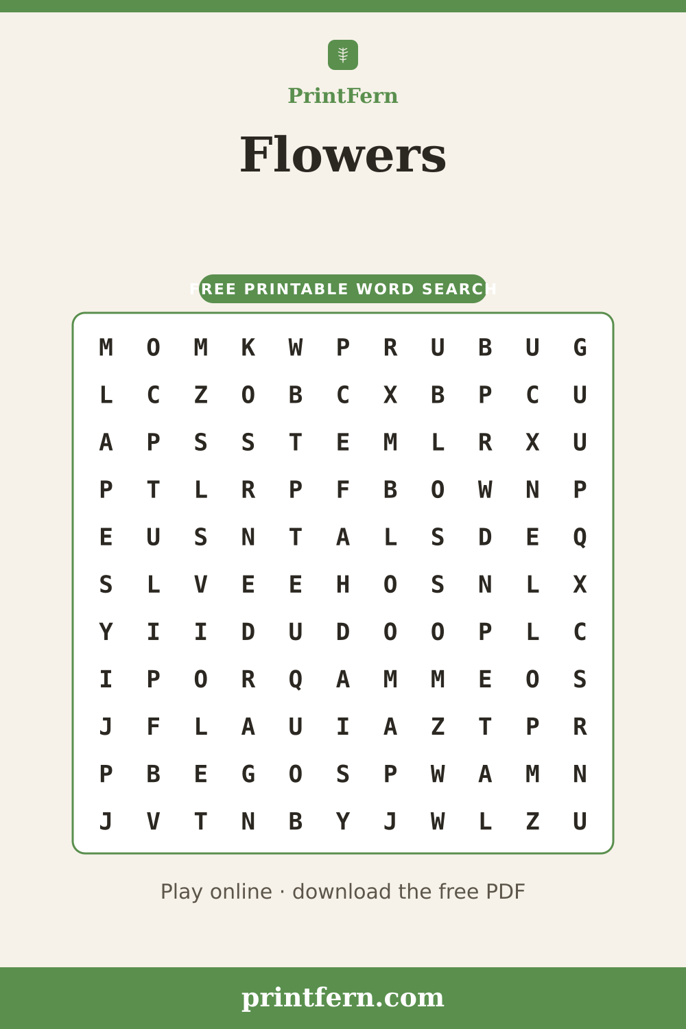 Flowers Word Search, free printable PDF preview