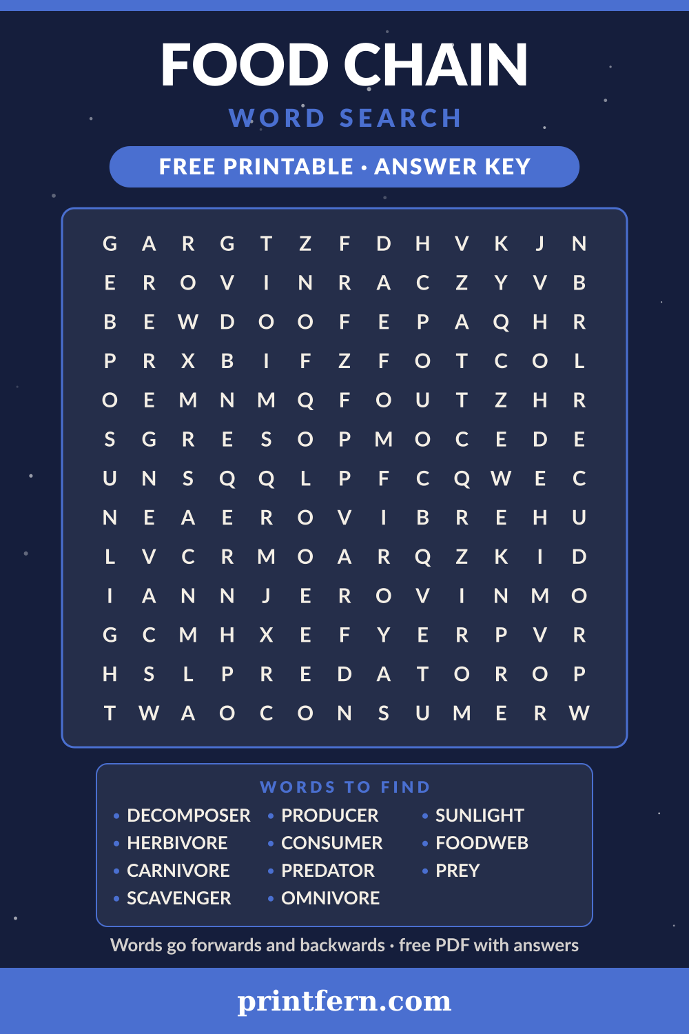 Food Chain Word Search, free printable PDF preview