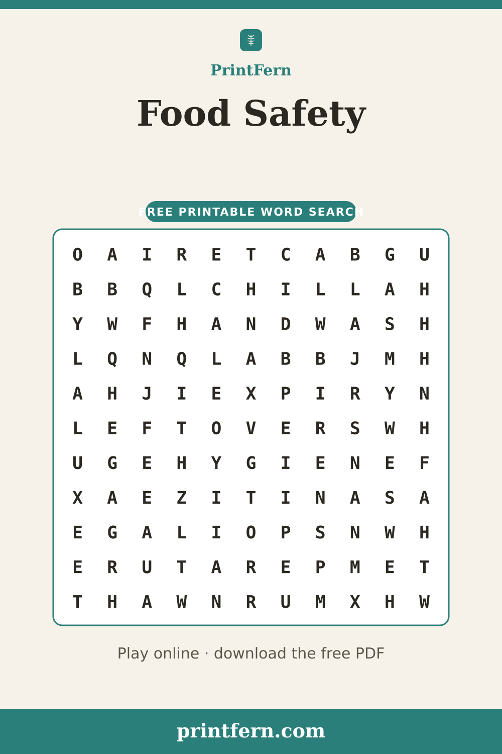 Food Safety Word Search, free printable PDF preview
