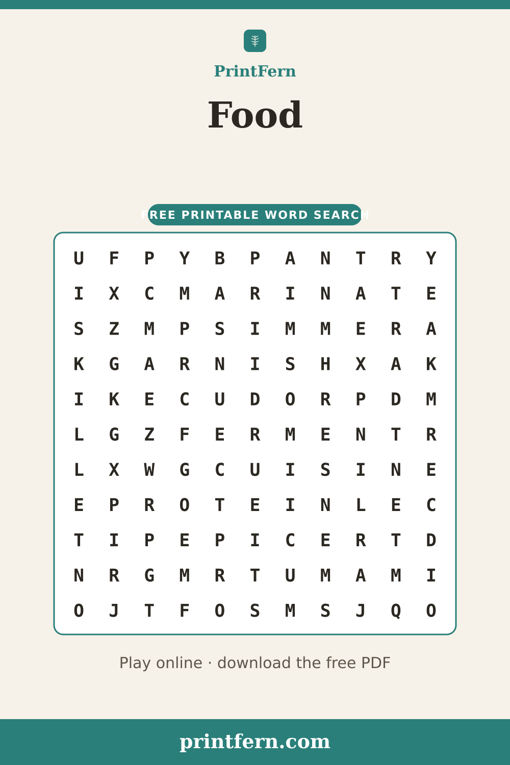 Food Word Search, free printable PDF preview