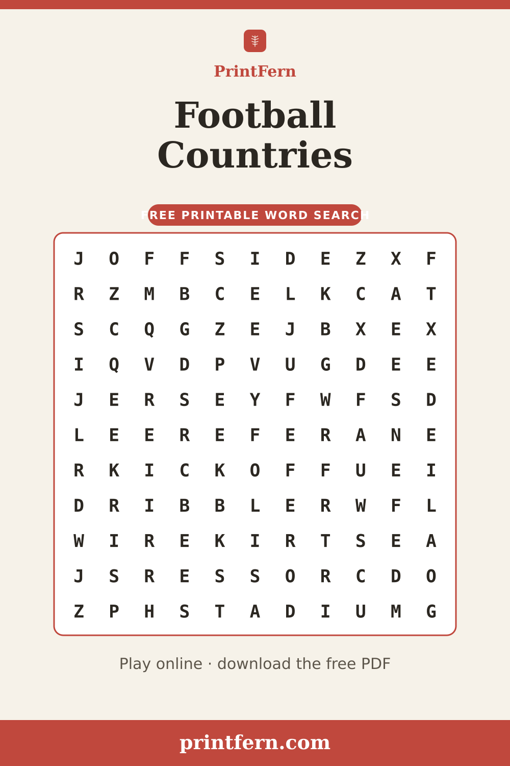 Football Countries Word Search, free printable PDF preview